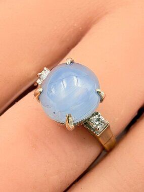 Antique Art Deco 18K Gold Natural Sapphire Diamond Trilogy Cocktail Ring Sz 6